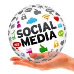 Hand holding a Social Media 3d Sphere sign on white background.